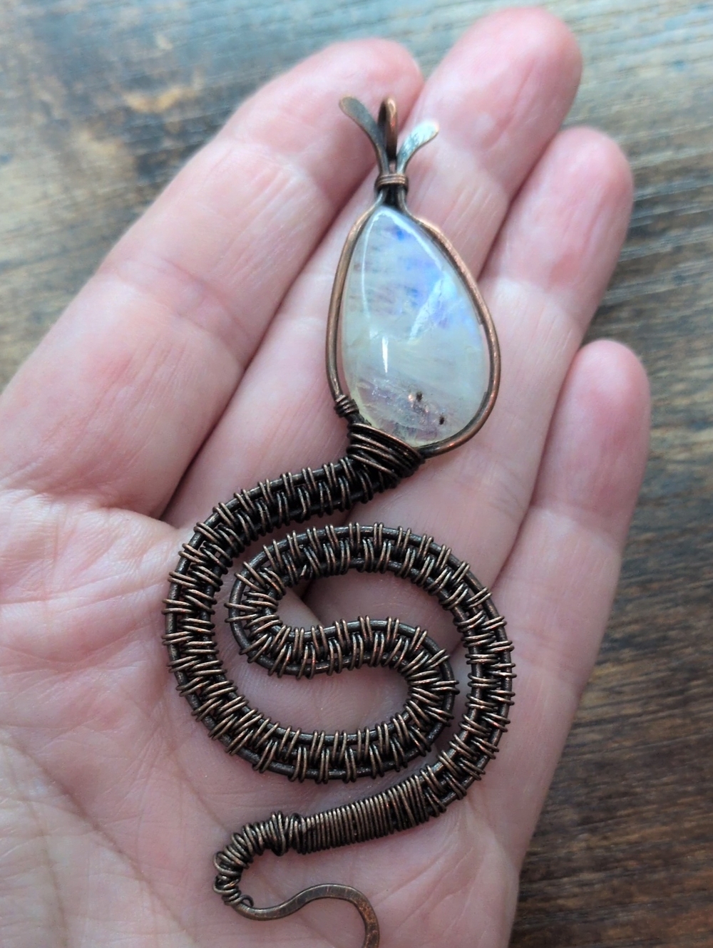 Handcrafted Copper Wire Snake Pendant with Rainbow Moonstone
